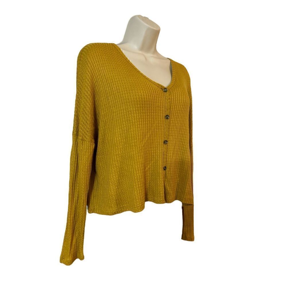 Ambiance Oversized small Long Sleeve Waffle Knit  Crop Top Scoop Neck